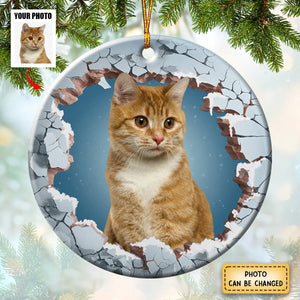 Custom Photo Dog Cat Breaking Through Ornament - Personalized Circle Ceramic Ornament