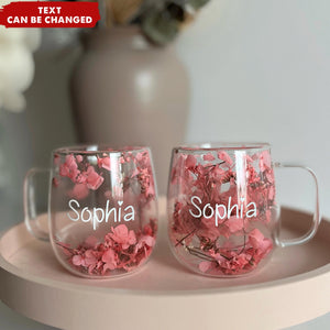 Insulated Layer Dried Flowers Personalized Double Walled Glass Coffee Mug With Handle