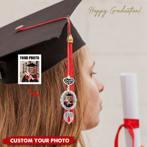 Personalized Graduation Tassel Photo Charm With Angel Wings, Grad Cap Decoration