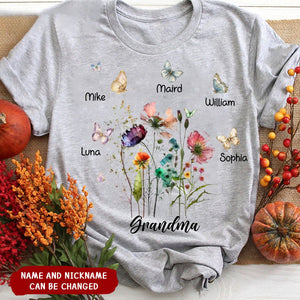 Grandma's Garden Comfort Color Flowers With Butterflies Personalized T-shirt