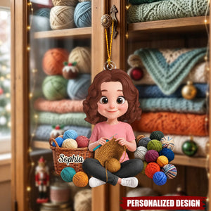 Personalized Crochet Girl Christmas Ornament - Knitting Lover Hanging Decoration