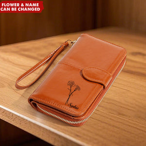 Personalized Birthday Flower Zipper Leather Wristlet Wallet