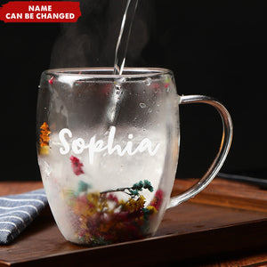 Insulated Heat Resistant Personalized Dried Flowers Double Wall Glass Coffee Mugs
