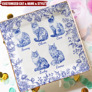 Cat Lover Chinoiserie Toile De Jouy Style - Personalized Jewelry Dish
