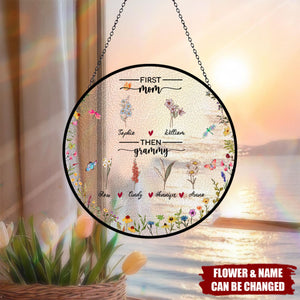 First Mom Now Grandma - Personalized Birth Flowers Stained Glass Suncatcher