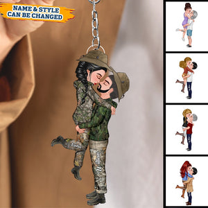 Personalized Hunting Couple Camo Pattern, Doll Couple Kissing Hugging Keychain