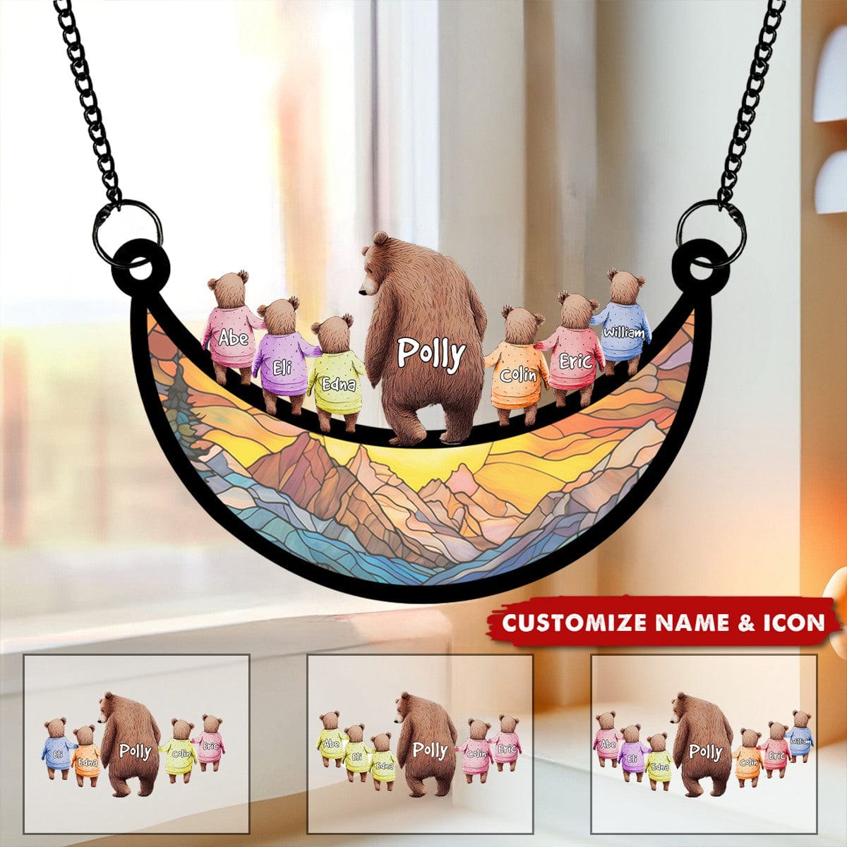 Bear Mom Grandma With Kids - Personalized Suncatcher Window Hanging Ornament