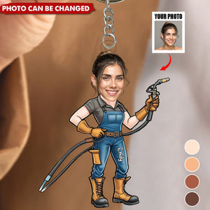 Welder Cartoon Portrait - Personalized Photo Keychain - Gift for Metalworker