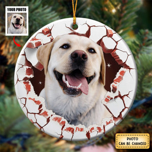 Custom Photo Dog Cat Breaking Through Ornament - Personalized Circle Ceramic Ornament