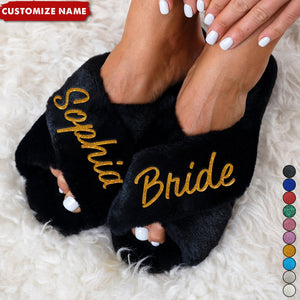 Custom Name Personalized Fluffy Slippers Christmas Party Gift, Gift For Bride Bridesmaid