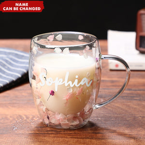 Insulated Heat Resistant Personalized Dried Flowers Double Wall Glass Coffee Mugs