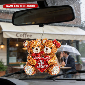 3D Effect Rhinestones Bear Couple - Personalized Acrylic Car Hanging Ornament