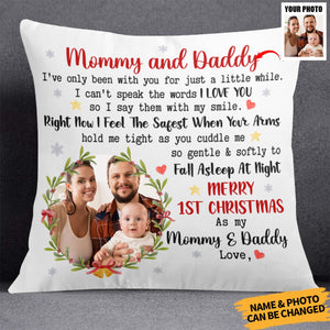 Daddy Mommy First Christmas With Newborn Baby - Personalized Photo Pillow