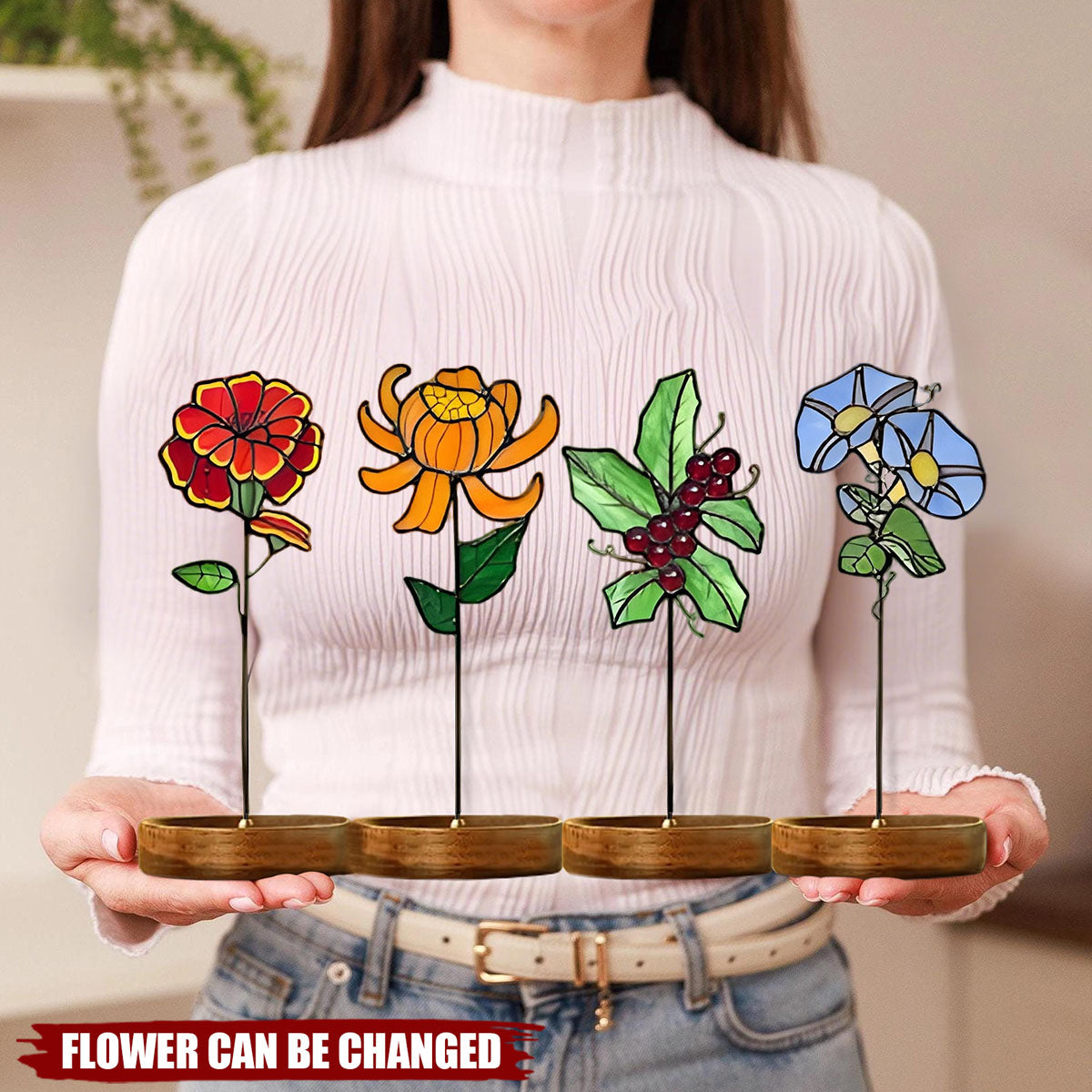 Personalized Birth Flower Stained Glass Plant Stake Suncatcher