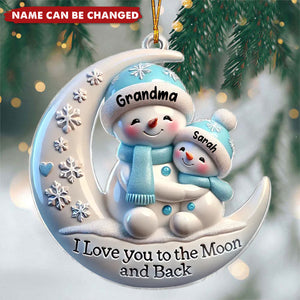 Snowmen Grandma & Hugging Grandkid On The Moon - Personalized Acrylic Flat Ornament