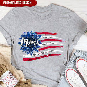 Personalized Grandma with Grandkids Sunflower American Flag T-Shirt