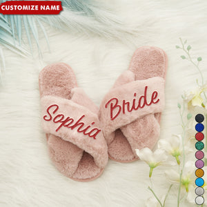 Custom Name Personalized Fluffy Slippers Christmas Party Gift, Gift For Bride Bridesmaid