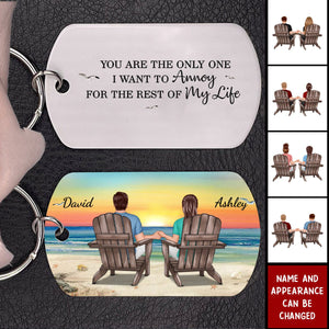 Retro Vintage Back View Couple Sitting Beach Landscape - Personalized Engraved Stainless Steel Keychain