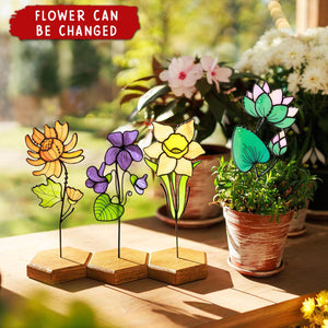 Personalized Stained Glass Birth Flower Plant Stake Garden Suncatcher