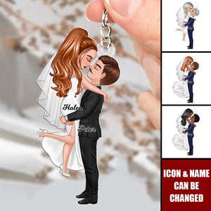 Groom & Bride Hugging Kissing Couple Acrylic Keychain, Anniversary Valentine Wedding Gift