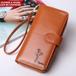 Personalized Birthday Flower Zipper Leather Wristlet Wallet