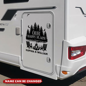 Our Happy Place With Trees, Campfire, And Chairs, Personalized Decor Decal