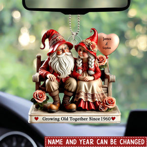 3D Effect Dwarf Old Couple Sitting On Bench Personalized Car Hanger Ornament, Valentine's Day Gift For Couple