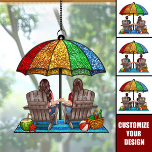Under Beach Umbrella Happy Couple Personalized Suncatcher Ornament