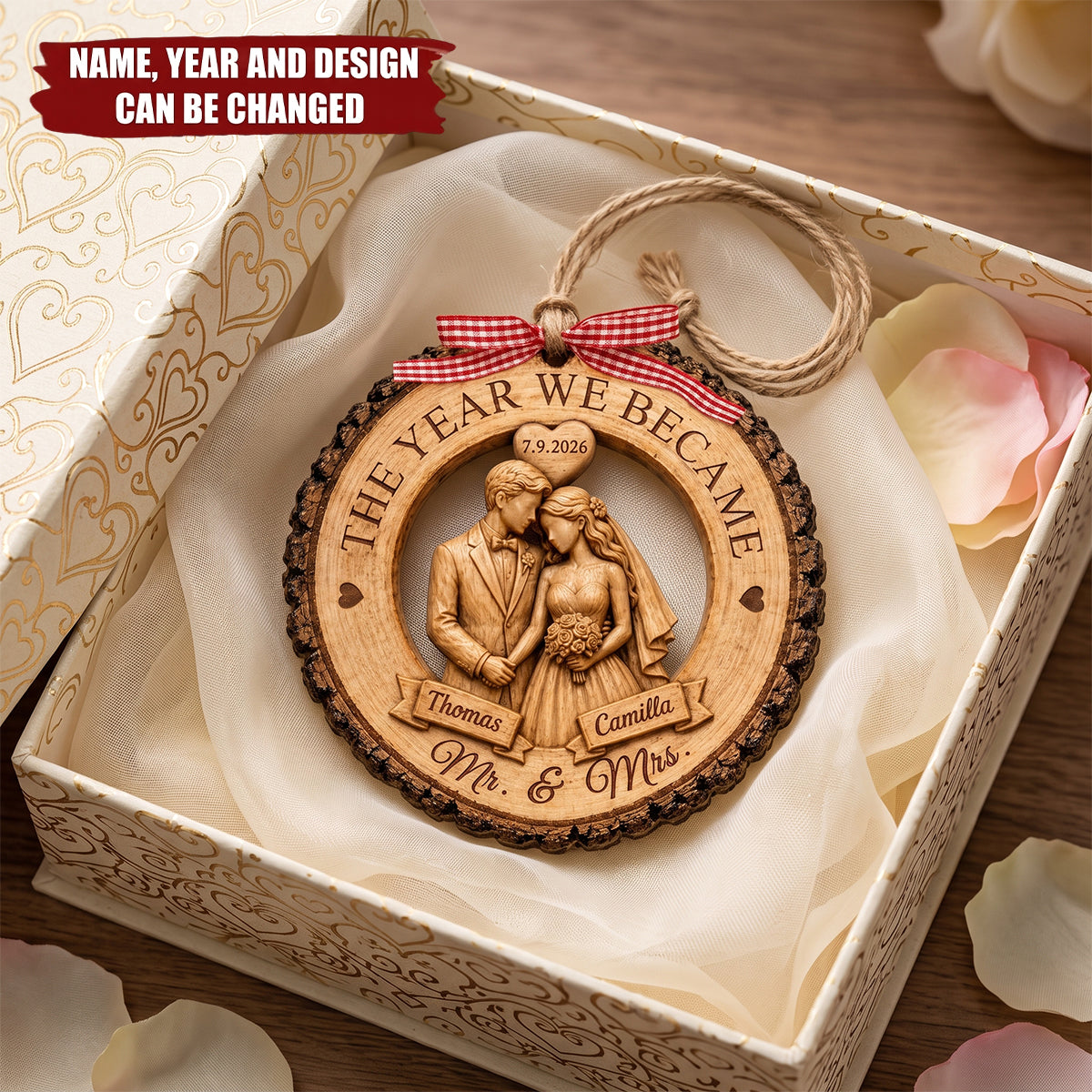 Personalized Couple Wedding Anniversary Ornament, First Christmas Wood Ornament, The Year We Becam Mr Mrs Ornament