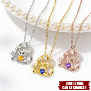 Highland Cow Hugging Birthday Love - Personalized Heart Pendant Birthstone Necklace