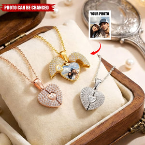Personalized Cubic Zircon Pave Photo Heart Locket Necklace