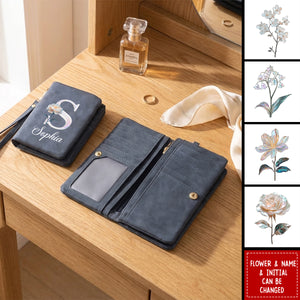 Personalized Pearl Laser Birth Flower PU Leather Folded Wristlet Wallet - Birthday Anniversary Gift for Women