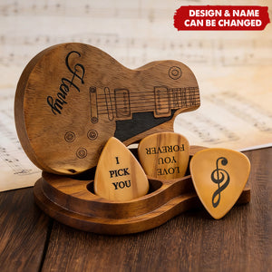 Personalized Wooden Guitar Picks with Storage Case Engraved Holder Box for Pick Set - Gift for Guitar Player Musician Birthday