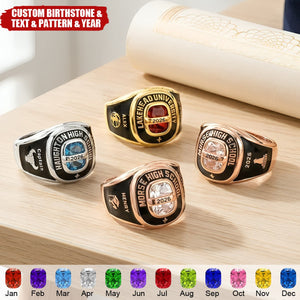 Personalized Birthstone Class Signet Engraved Ring - Graduation Gift for High School University Graduates