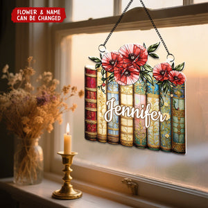 Birth Flower Reading Book Stack Stained Glass Effect - Personalized Window Hanging Suncatcher Ornament