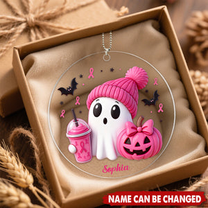 Pink Spooky Ghost Breast Cancer Personalized Acrylic Car Ornament - Fight Cancer Gift