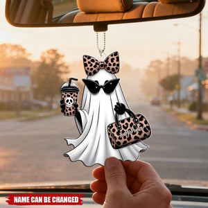 Cute Leopard Print Coffee Spooky Ghost Personalized Acrylic Car Ornament