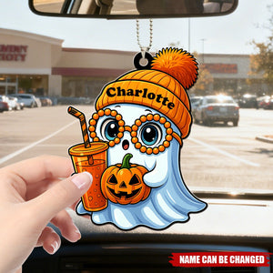 Cute Smiling Ghost With Coffee Drink Personalized Acrylic Car Ornament