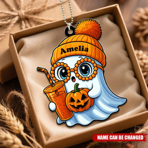 Cute Smiling Ghost With Coffee Drink Personalized Acrylic Car Ornament