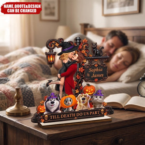 Custom 2-Layered Wooden Plaque - Personalized Halloween Decor Anniversary Wedding Gifts For Husband And Wife, Dog Cat Lovers - Spooky Hearts And Paws