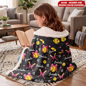 Gift For Softball Player - Personalized Name Number Coquette Bow Wearable Hooded Blanket