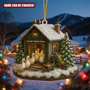 Charming Winter Duck Farm Christmas Scene - Personalized Wooden Ornament