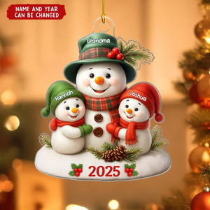 Snowman Grandma Hugging Grandkids - Personalized Christmas Acrylic Ornament