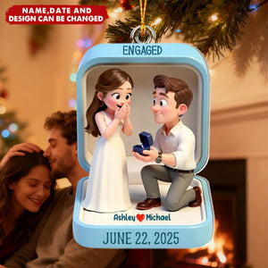 Cute Cartoon Couple 1st Christmas Engaged - Personalized Christmas Acrylic Ornament