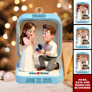 Cute Cartoon Couple 1st Christmas Engaged - Personalized Christmas Acrylic Ornament