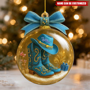 Personalized Blue Boot Cowboy Cowgirl Horseback Riding Christmas Ornament