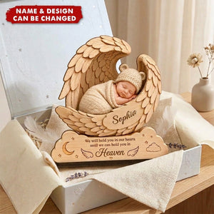 Personalized 2-Layer Wooden Plaque, Sleeping Baby in Angel Wings, Unique Infant Loss Memorial Gift for Parents