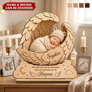 Personalized 2-Layer Wooden Plaque, Sleeping Baby in Angel Wings, Unique Infant Loss Memorial Gift for Parents