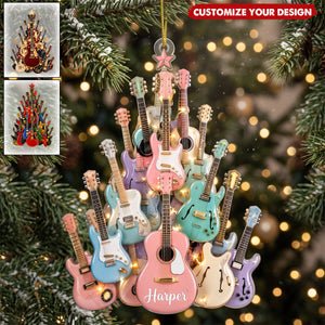 Personalized Guitar Tree Christmas Ornament, Custom Name Acrylic Ornament, 3 Style Options, Gift For Guitar Lovers & Musicians