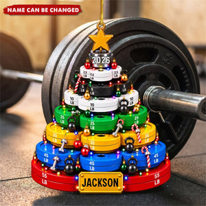 Personalized Weight Plate Acrylic Christmas Ornament, Custom Gym Name Barbell Decor, Fitness Lover Tree Keepsake Gift